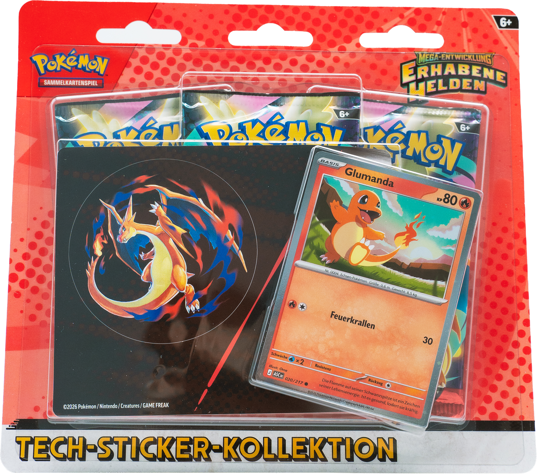 Pokémon Tech-Sticker-Kollektion „Mega-Entwicklung – Erhabene Helden: Glumanda“ (DE)